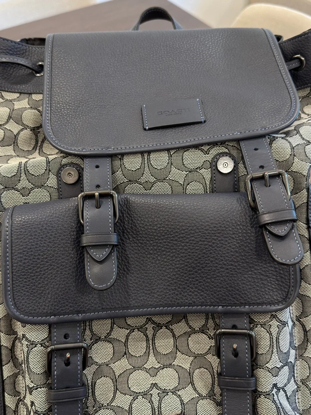 Coach Men’s Signature Jacquard Sprint Leather Backpack in Navy Blue